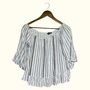 Sweet Blue White Off Shoulder Ruffle Hem Top County Cottage Farm Girl